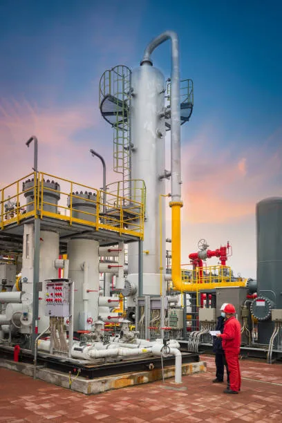 A person in red workwear beside an industrial processing column and yellow access platforms